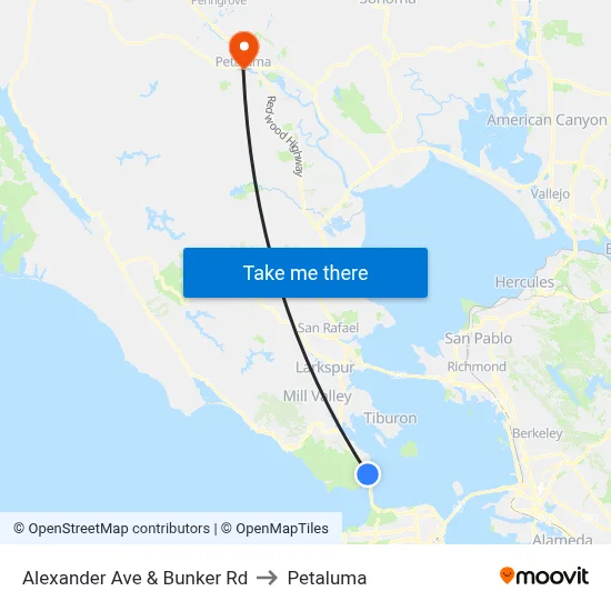 Alexander Ave & Bunker Rd to Petaluma map
