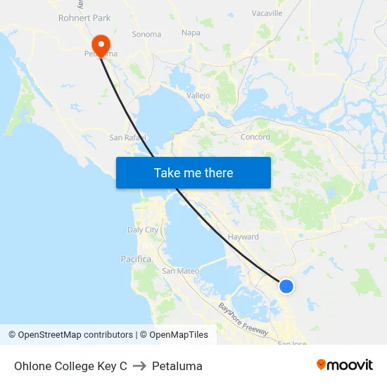 Ohlone College Key C to Petaluma map