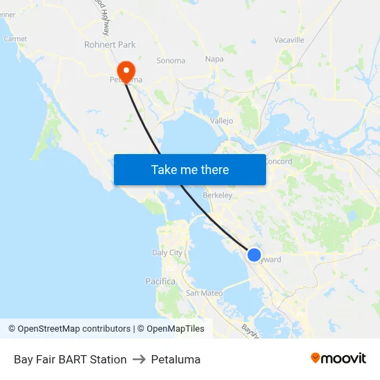 Bay Fair BART Station to Petaluma map