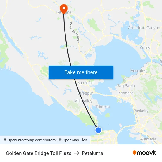 Golden Gate Bridge Toll Plaza to Petaluma map