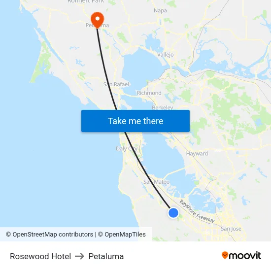 Rosewood Hotel to Petaluma map