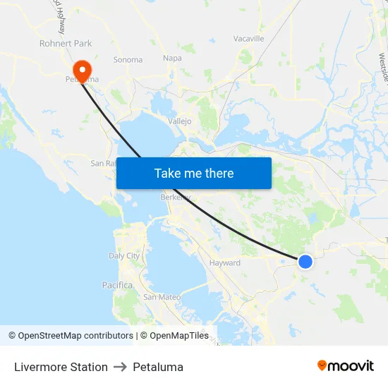 Livermore Station to Petaluma map