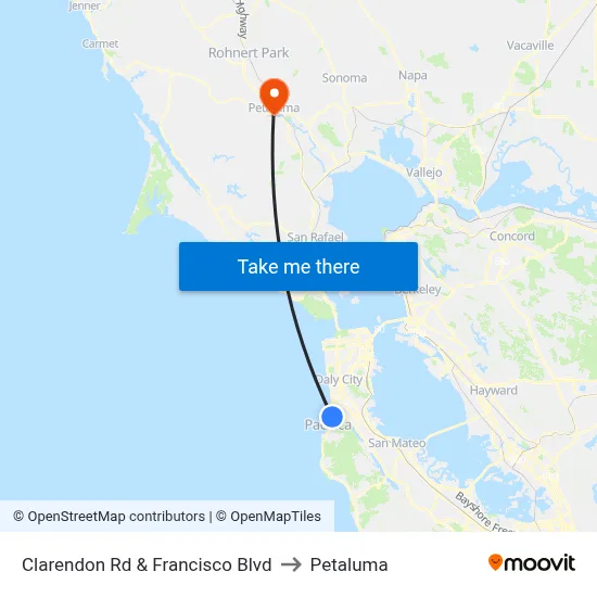 Clarendon Rd & Francisco Blvd to Petaluma map