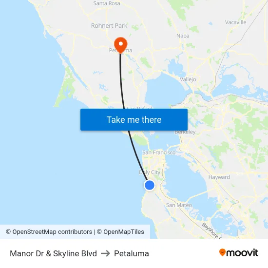 Manor Dr & Skyline Blvd to Petaluma map