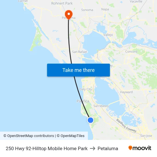 250 Hwy 92-Hilltop Mobile Home Park to Petaluma map