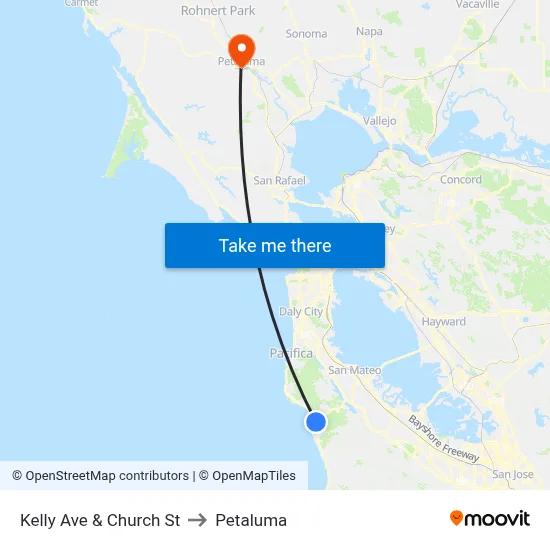 Kelly Ave & Church St to Petaluma map