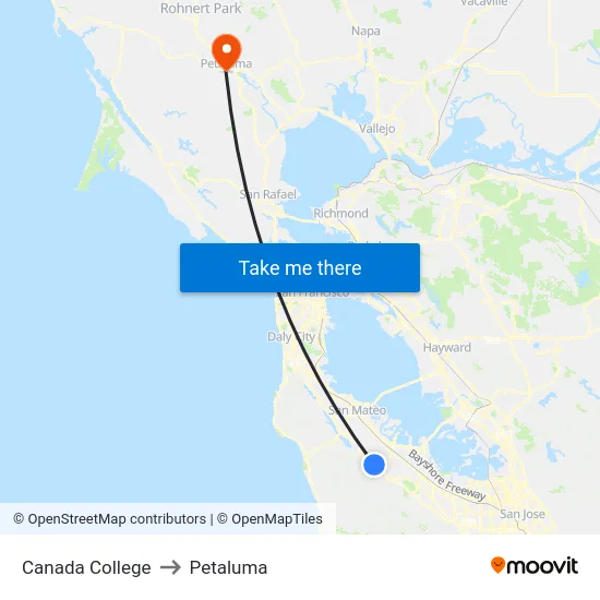 Canada College to Petaluma map