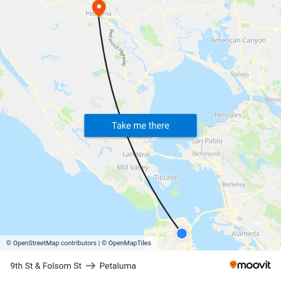 9th St & Folsom St to Petaluma map
