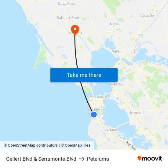 Gellert Blvd & Serramonte Blvd to Petaluma map