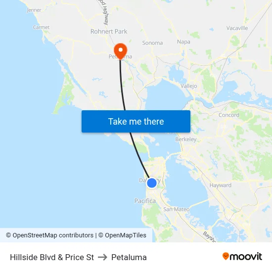Hillside Blvd & Price St to Petaluma map