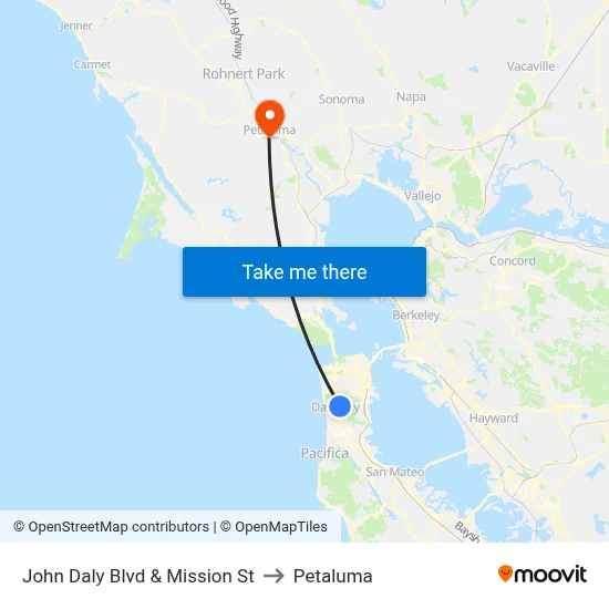 John Daly Blvd & Mission St to Petaluma map