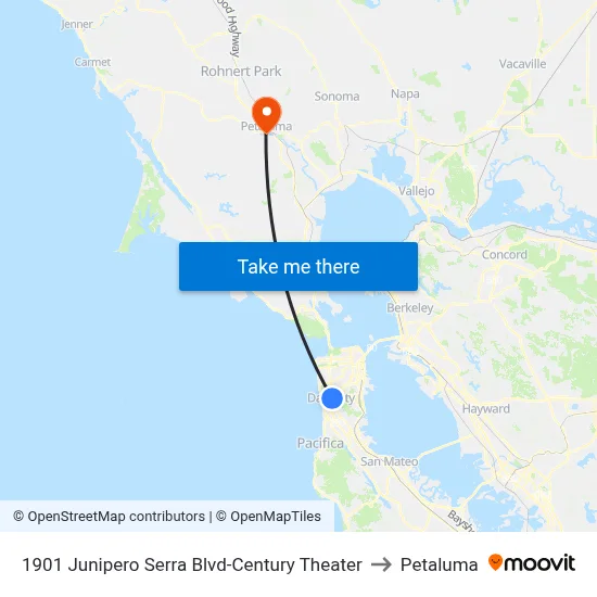 1901 Junipero Serra Blvd-Century Theater to Petaluma map