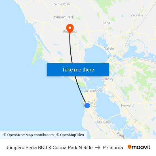 Junipero Serra Blvd & Colma Park N Ride to Petaluma map