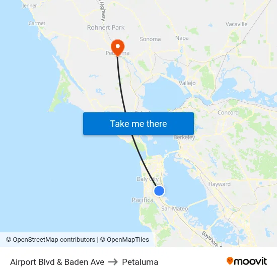 Airport Blvd & Baden Ave to Petaluma map