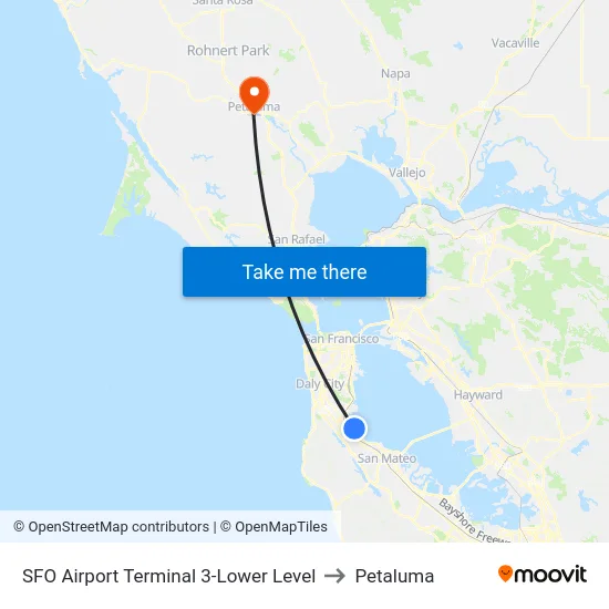 SFO Airport Terminal 3-Lower Level to Petaluma map