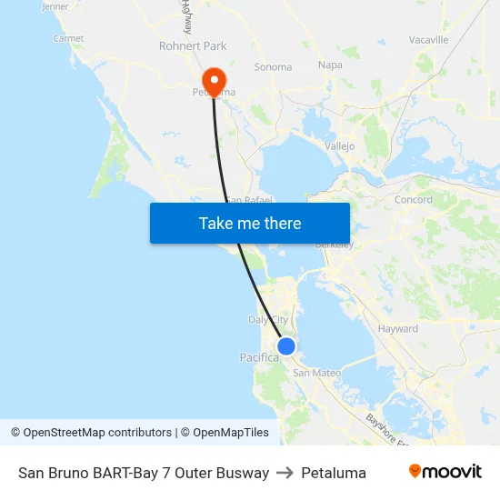 San Bruno BART-Bay 7 Outer Busway to Petaluma map