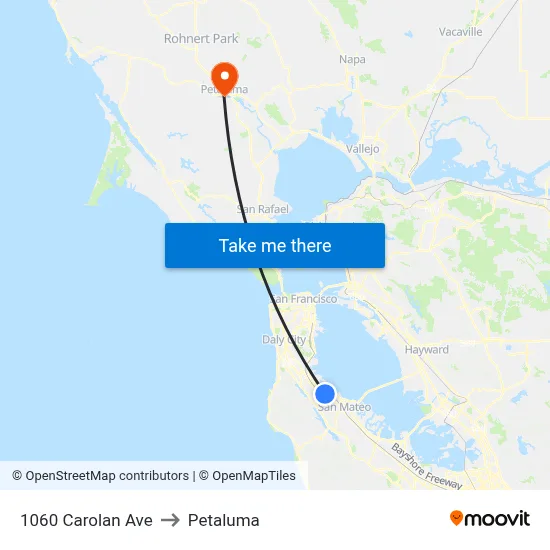 1060 Carolan Ave to Petaluma map