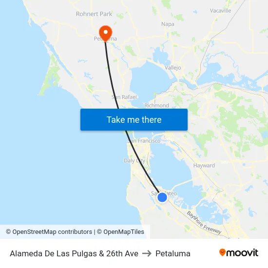 Alameda De Las Pulgas & 26th Ave to Petaluma map