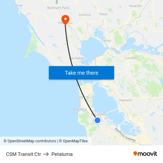 CSM Transit Ctr to Petaluma map