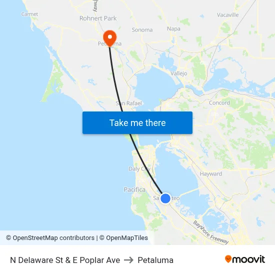 N Delaware St & E Poplar Ave to Petaluma map