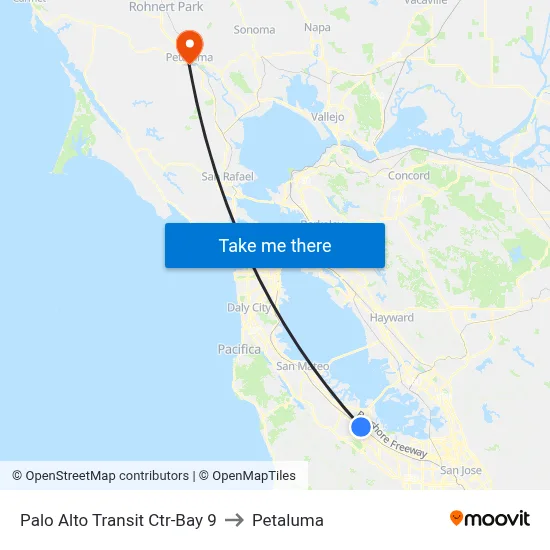 Palo Alto Transit Ctr-Bay 9 to Petaluma map