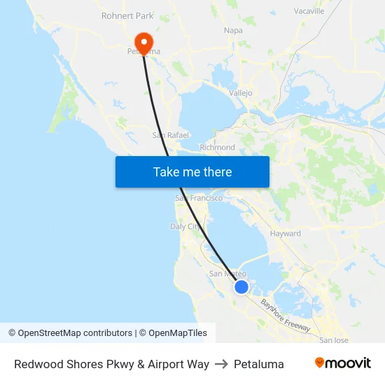 Redwood Shores Pkwy & Airport Way to Petaluma map