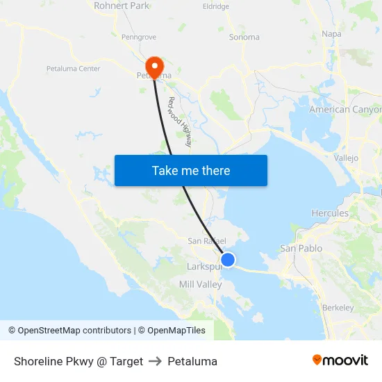 Shoreline Pkwy @ Target to Petaluma map