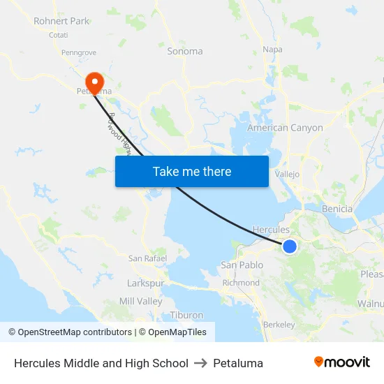Hercules Middle and High School to Petaluma map