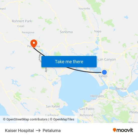 Kaiser Hospital to Petaluma map