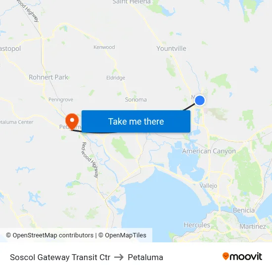 Soscol Gateway Transit Ctr to Petaluma map