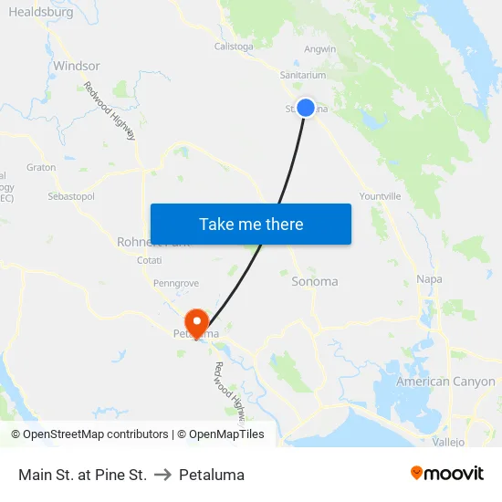 Main St. at Pine St. to Petaluma map