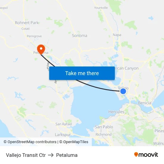 Vallejo Transit Ctr to Petaluma map