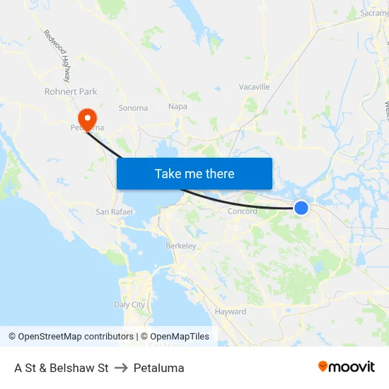 A St & Belshaw St to Petaluma map