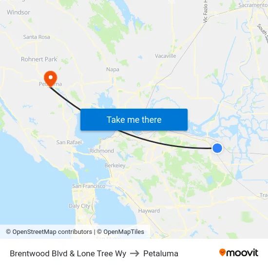 Brentwood Blvd & Lone Tree Wy to Petaluma map