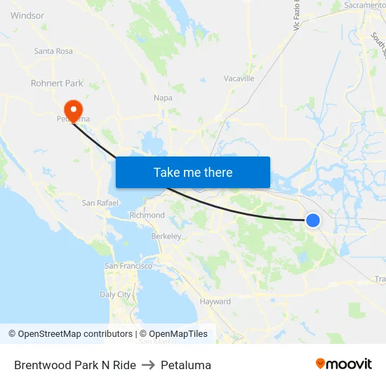 Brentwood Park N Ride to Petaluma map