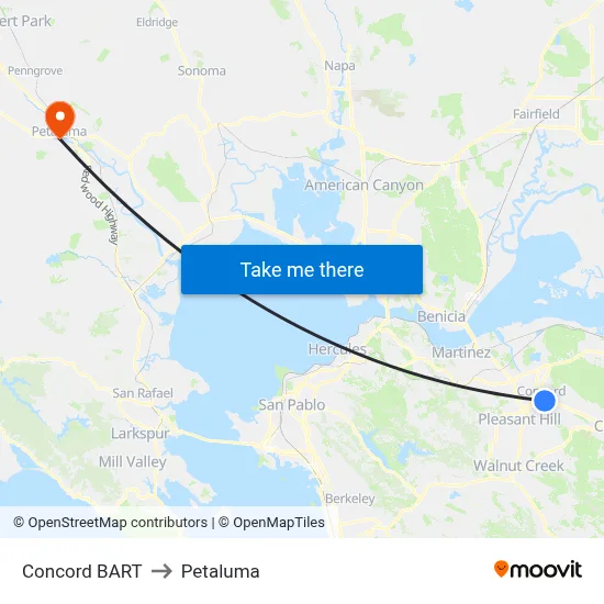 Concord BART to Petaluma map