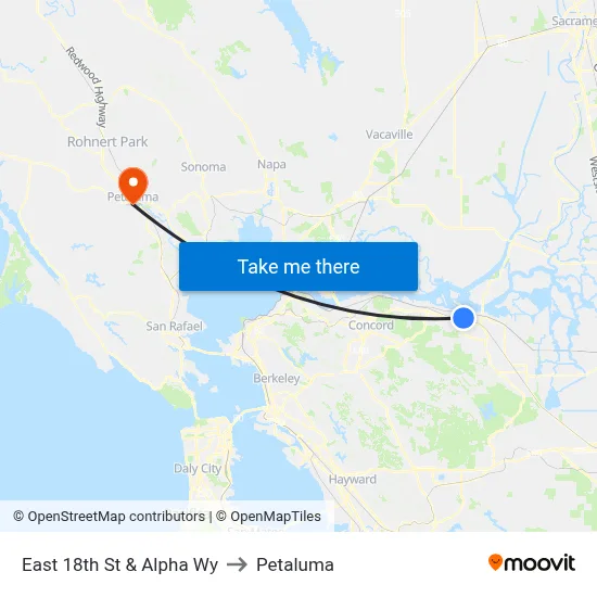 East 18th St & Alpha Wy to Petaluma map
