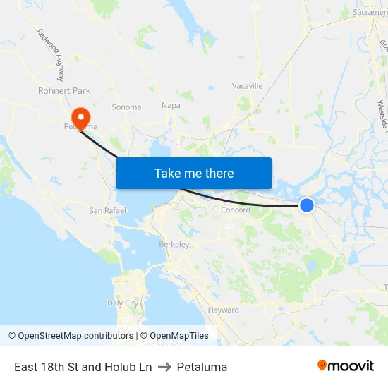 East 18th St and Holub Ln to Petaluma map