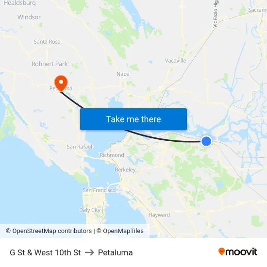 G St & West 10th St to Petaluma map