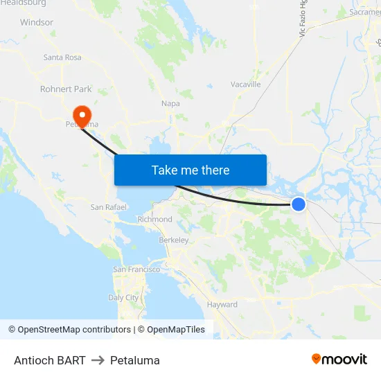 Antioch BART to Petaluma map