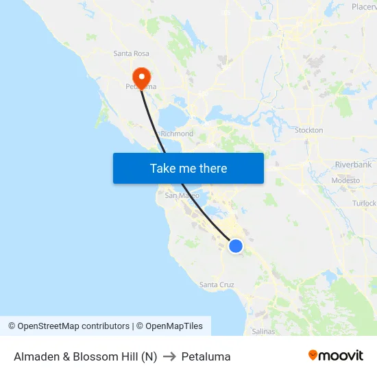 Almaden & Blossom Hill (N) to Petaluma map