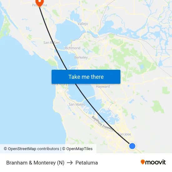 Branham & Monterey (N) to Petaluma map