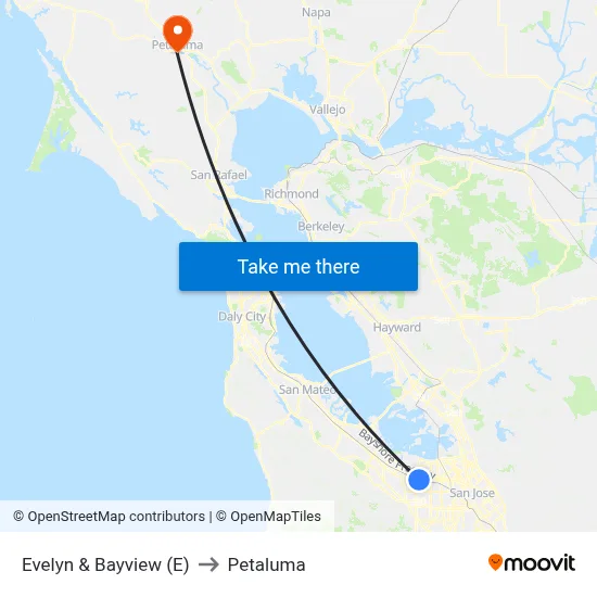Evelyn & Bayview (E) to Petaluma map