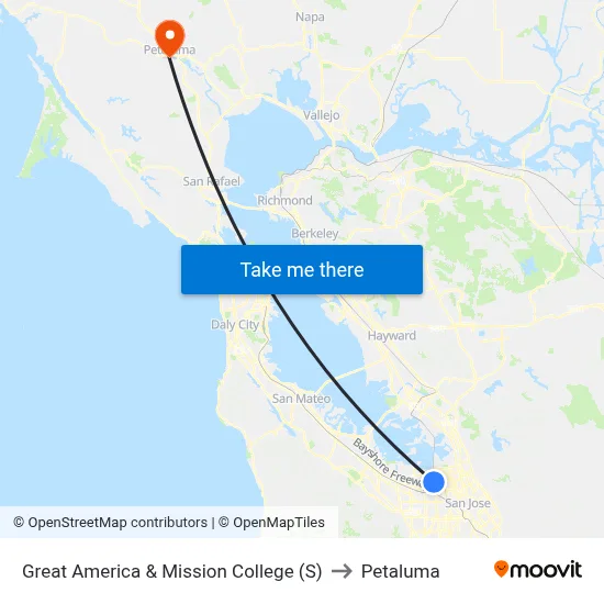 Great America & Mission College (S) to Petaluma map
