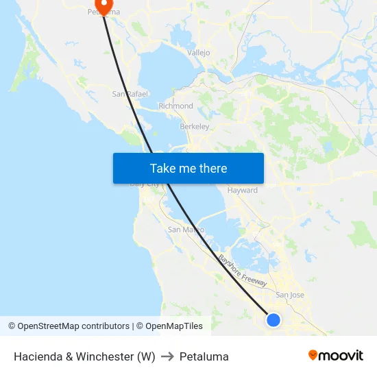 Hacienda & Winchester (W) to Petaluma map