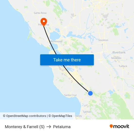 Monterey & Farrell (S) to Petaluma map