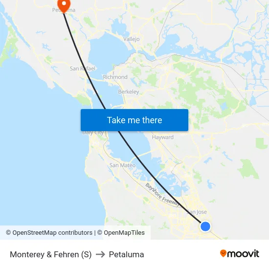Monterey & Fehren (S) to Petaluma map
