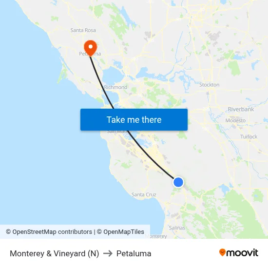Monterey & Vineyard (N) to Petaluma map