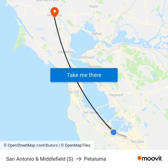 San Antonio & Middlefield (S) to Petaluma map