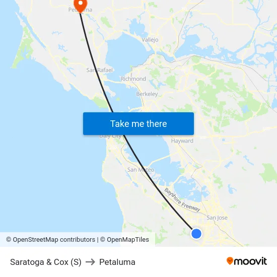 Saratoga & Cox (S) to Petaluma map